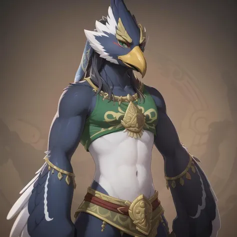 (best quality, masterpiece:1), furry male anthro revali bird boy, solo, standing, gerudo, gerudo outfit, green top, veil, mouth veil, bird tail, looking at viewer, (colorful video game world background:1.0), green eyes, winged arms, <lora:revali-v1:1>