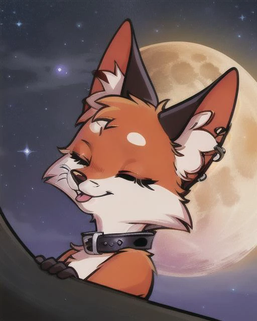 (solo female) furry vixen,  female focus (<lora:lisa-10:0.6>), closed eyes, smiling, Pappy, side view, (long eyelashes:1.1), makeup, piercing, tongue tied, realism, (black collar), star night, moon, detailed background, (depth of field:1.2)