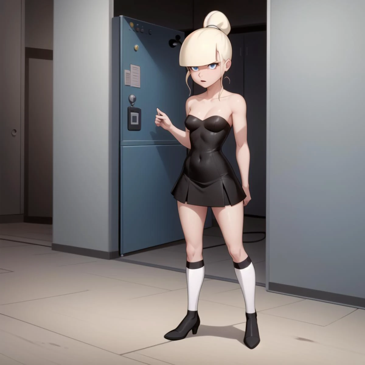 <lora:MaryDahl:0.7>, MaryLouiseDahl, ((full body)), masterpiece, best quality, detailed, (sharp), absuredres, 18-years-old, blonde, single ponytail, hair in a bun, single hair bun, (cartoon), full body, (slim), petite, blue eyes, solo, 1 girl, 1girl,
(white kneehighs), skirt, tube top,