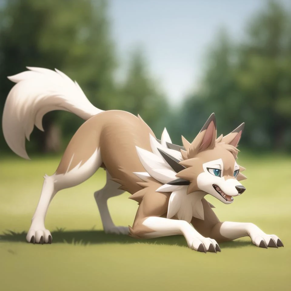 (best quality, masterpiece:1), solo, furry female feral midday-lycanroc, pokemon, black neck spikes, all fours, low-angle view, from below, tail, wide-eyed, looking away, (outdoors grass field trees blurry blurred background:1.1), <lora:midday-lycanroc-v1:1>