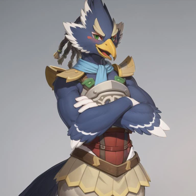 (best quality, masterpiece:1), furry male anthro revali bird boy, solo, standing, (crossed arms:1.2), blue scarf, shoulder pads, breastplate, (red corset:1.1), skirt armor, bird tail, smile, beak, open mouth, looking at viewer, smile, wide-eyed, (colorful video game world background:1.0), green eyes, winged arms, <lora:revali-v1:1>