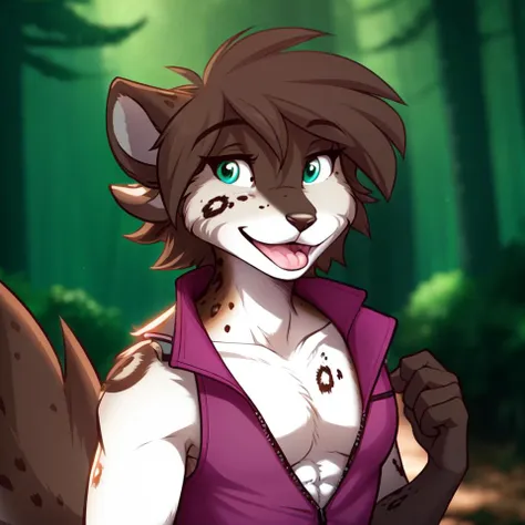 (best quality, masterpiece:1), solo, furry male anthro kathrin-vaughan, pink vest, open vest, bare chest, flat chest, portrait, looking at viewer, short hair, open mouth, muscular male, wide-eyed, tail, (masculine:1.2), (outdoors dark forest trees blurry blurred background:1.1), <lora:kathrin-vaughan-v1:1>