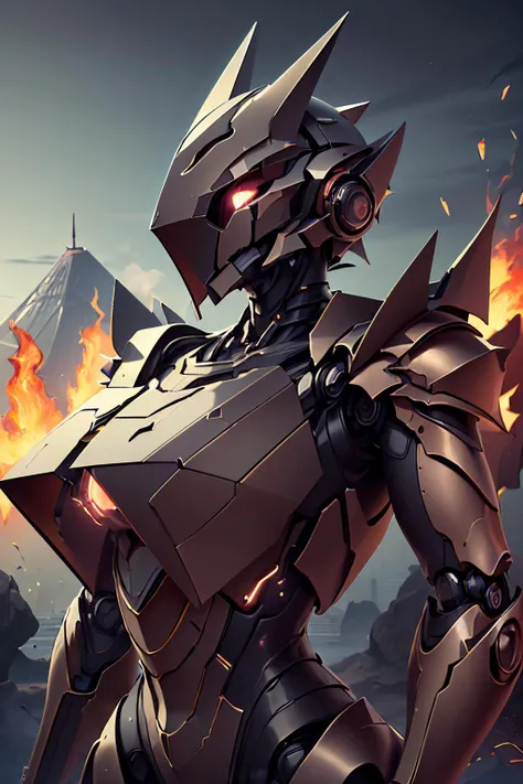 (masterpiece:1.2), (best quality:1.2), (viewing from closeup view of upper body shot:1.3), (1 steampunk robot with a feminine robotic body with a Steampunk design with all body parts completely made out of copper and bronze and metal gears, in a knight helmet, canid fox facial structure, medieval armor,:1.2),(Smoke and steam coming out of rectangular vents in robotic body, short snout with black nose tip, painted stripes:1), (sleek angular straight technology:1),, (glowing furnace part details, fire in furnace built into abdomen, eyes are made of fire, fire blasting out of eyes:1.1), Robotic bronze cat ears, smoke billowing out of robotic cat ears, pretty feminine robotic facial structure, black eyelashes, (armored bronze plated gauntlets:1.1),
(Fire blast coming out of eyes, glowing fiery fire lava coming out of mouth:1.1), (no hair, no skin:1), (sharp perfect Hexagonal Armor plates on all body armor:1.2), (Painted paint number decals, numbers , identification numbers, part numbers :1), (painted logo on different parts), Sharp part edges, old Helmet antenna, old fashioned radio beacon, Old-fashioned technology
(Angular squared and sharp Robotic attachments, hard edges, hard angles:1.2), (armored helmet mask ) ,Accentuated symbols details,  solo, advanced angular thin strip Glowing tech strip details, thick thigh gap, detailed robotic machinery,  outdoors, <lora:STYLE_steampunkai:.7>, <lora:IvoryGoldAIv2:.4> <lora:StealthTech:.9>, dragonscales on armor, erupting volcano in background, Volcanic activity research facility, large windows, white modern architecture