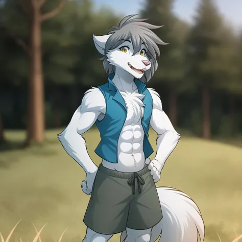 (best quality, masterpiece:1), solo, furry male anthro raine-silverlock, nude, bare chest, blue vest, (bandaged arm, blue bandage:0.9), dark shorts, standing, open mouth, short hair, cute pose, wolf tail, looking at viewer, smile, hand on hips, muscular male, yellow eyes, (outdoors grass field trees blurry blurred background:1.1), <lora:raine-silverlock-v1:1>