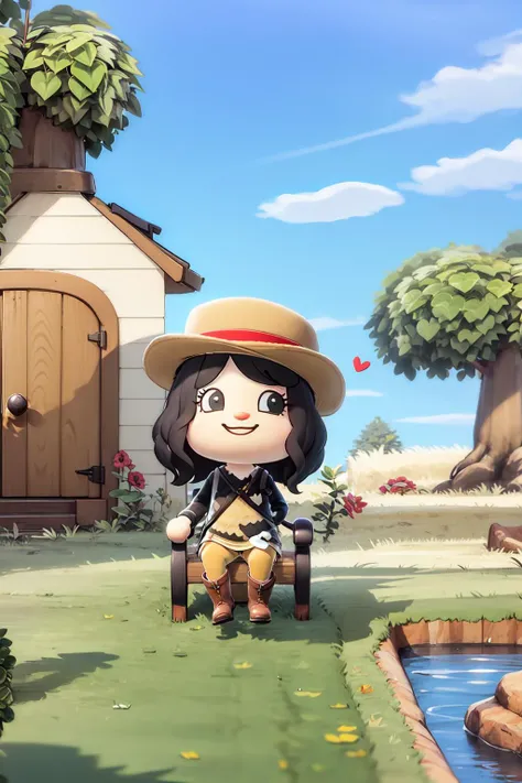 masterpiece, best quality, chibi, 1girl, tree, solo, outdoors, brown footwear, day, sky, sitting, cloud, hat, house, black hair, grass, smile, blue sky, black eyes, heart, building, window, bush, boots, bangs, long sleeves, rock, medium hair, shirt <lora:ach02:1>