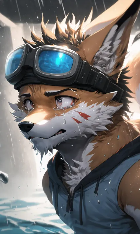 An ultra-detailed, photo-realistic artstation digital painting masterpiece close up of a confused male fox boy's head, wearing goggles with tears, running in rainy city. Hood blown back, tears streaming down anguished face. Matted fur, ears flattened. Kicking up water as he runs with all his might. Art by artgerm and greg rutkowski.<lora:nj5furry-v2:0.8> <lora:NJfurry:0.6>