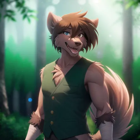 (best quality, masterpiece:1), solo, furry male anthro natani, (heterochromia:1.0), (grey eye:1.1), brown eye, green vest, flat chest, arm wraps, portrait, fingers, finger claws, looking at viewer, short hair, open mouth, wide-eyed, wolf tail, (outdoors dark forest trees blurry blurred background:1.1), <lora:natani-v1-locon:1>