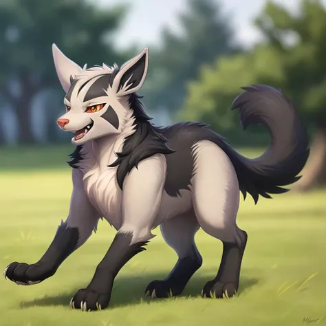 (best quality, masterpiece:1), solo, furry (feral:1.1) mightyena, hyena, pokemon, mane, black nose, all fours, tail, smile, open mouth, looking at viewer, (outdoors grass field trees blurry blurred background:1.1), <lora:mightyena-v1-locon:1>