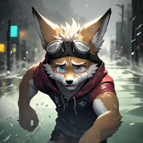 An ultra-detailed, photo-realistic artstation digital painting masterpiece close up of a confused male fox boy's head, wearing goggles with tears, running in rainy city. Hood blown back, tears streaming down anguished face. Matted fur, ears flattened. Kicking up water as he runs with all his might. Art by artgerm and greg rutkowski. <lora:nj5furry-v2:0.8> <lora:NJfurry:0.6>