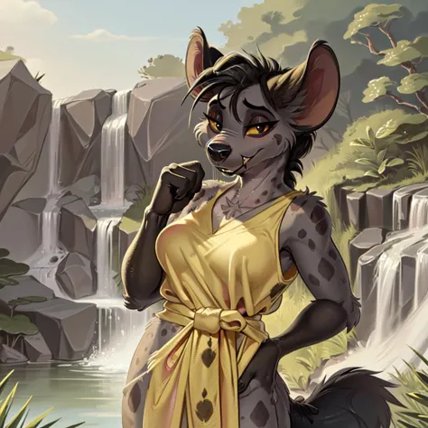 shenzi, (((furry female anthro))), medium breasts, hyena girl, sash, solo, (body fur:1.2), (best quality, masterpiece), (detailed nature background:1.2,  detailed waterfall), (detailed fluffy fur:1.1), looking at viewer, grin, tail,  <lora:shenzi-v1:1>, cinematic lighting,
