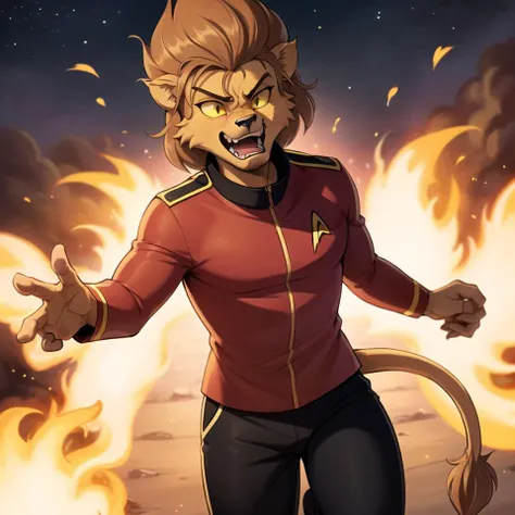 (best quality, masterpiece:1), solo, furry male anthro mress lion boy, (muscular male:1.1), (masculine face:1.3), from front, running, scared expression, scared, frown, open mouth, wide-eyed, tail, (fiery explosion background:1.1), black pants, red uniform, starfleet insignia, large male, <lora:mress-v1:1>