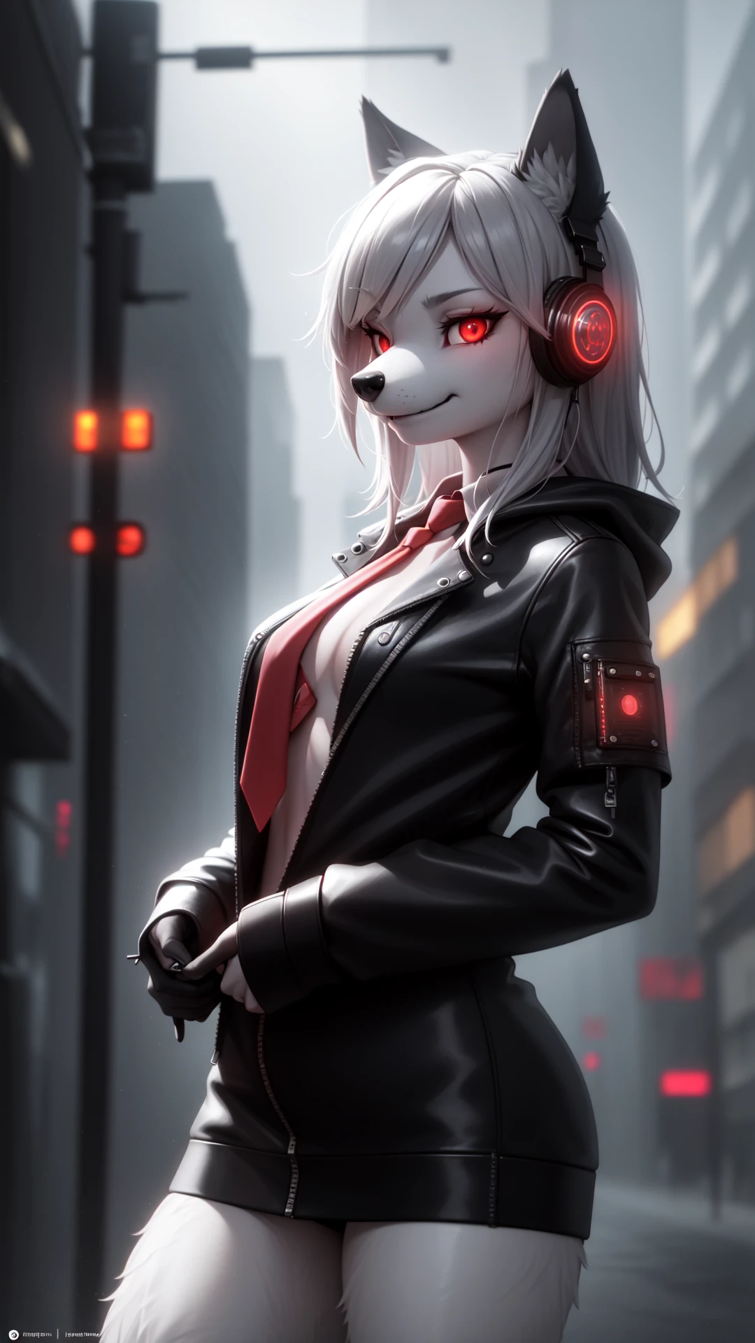 A highly detailed portrait of a solo wolf girl standing on a street corner, (anthro, furry, snout:1.2), whiskers, during a rainstorm with lightning strikes and a cloudy sky, neon and cyberpunk background, she is wearing punk clothes with silver chains and silver spikes, she has a butterfly wing hairclip in her wild hair, she has headphones and a necktie on, petite, detailed glowing red eyes with distinct pupils, ominous aura Halo, smile, punk, cyberpunk, backlighting, masterpiece, best quality, intricate detail, absurdres, high detail RAW color Photo, highly detailed, harsh lighting, cinematic lighting, detailed eyes, distinct pupils, contrast, hard light, gigapixel, 8k resolution, beautiful, cinematic, elegant, hyperrealistic, octane render, unreal, high definition, 8k resolution, highly detailed, 8k uhd, professional lighting, photon mapping, radiosity, physically-based rendering, award-winning photography, detailed face, backlight, ultrarealistic, ray tracing, intense gaze, cinematic lighting