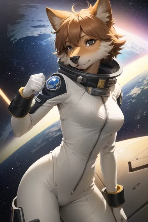 ((masterpiece, best quality)), (anthro furry:1.3, snout:1.2, anthro:1.3, furry:1.2, closeup:1.2, solo female:1.2), (space suit, floating in space, outer space)