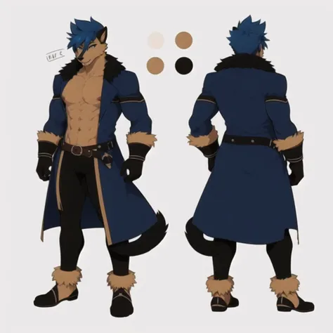 furry, anthro, male, abs, fur chest, trench coat
blue hair, tan-skin
lightening elemental
front view, side view, reference sheet, character sheet, multiple_views, multiple_angles, (back view:0.5)