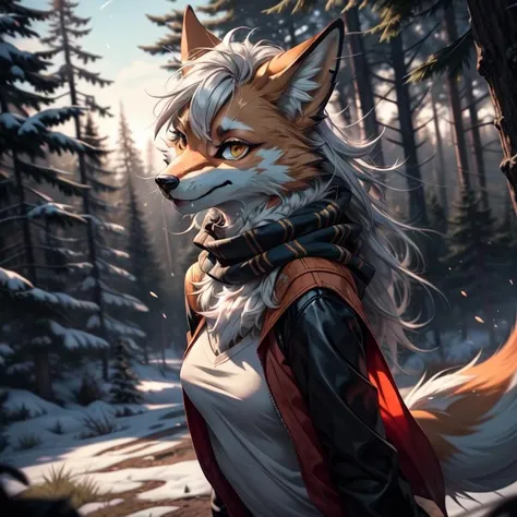 (eyes looking at viewer:1), masterpieces, (close up action photo from random anywhere, tele angle, viewing from random shot:1.3), (highly detailed eyes looking at viewer with love, eyes looking into viewer's eyes:1),
(1 furry, 1 anthro fox woman, solo, short snout:1.3),(smug smile,:1), (orange colored bodyfur, bodyfur on animal hands:1.3), (bodyfur, detailed fur, furskin:1.3)
(detailed eyes, beautiful eyes, narrowed kinky eyes, green or orange eyes, amused eyes, happy squinting, half closed eyes:1), large eyes, (large long eyelashes, huge feminine eyelashes, eyelashes glowing, magic eyelashes, eyelashes made of magic fire:1), perfect teeth snout smile, fuzzy chest tuft, fuzzy cheek tufts, fuzy body fur tufts, orange and white and tan striped tail, tail in correct position above ass, (sidecut white hair, with tan streak details, orange colored hair:1), (wavy hair:1.1), (oily hair:0.8), (tomboy style:1), (ominous:1.2), <lora:microwaist:.1>, feminine pose,
standing outside, clearing, log cabin in background, hard lighting, northern pine forest,
very curvy, (extremely thick asscheeks:1.2), feminine stomach, feminine body, cute scarf, native American accessories,<lora:Magotsuki:0>, <lora:scg_768_v21-epoch:0>, <lora:Addams:0>,<lora:Beautiful eyes:.7> ,<lora:ffyy:.2>,