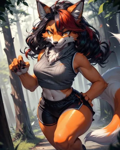 (eyes looking at viewer:1), masterpieces, close up action photo, (tele angle, (looking at viewer with love, looking into viewer's eyes:1), (furry, anthro fox woman, short snout:1.3),(smug smirk,determined expression:1), (orange fuzzy colored hand bodyfur, furskin fuzzy paw fingers, furry paw hands:1.3), 
(suggestive eyes, smug facial expression, detailed eyes, beautiful eyes, narrowed kinky eyes, green or orange eyes, amused eyes, squinting:1.2), large eyes, (large long eyelashes, huge  feminine eyelashes), perfectly aligned two sharp fangs, closed mouth, fuzzy chest tuft, fuzzy cheek tufts, orange and white striped tail, 
 (bodyfur, detailed fur, furskin:1.3), hard lighting, very curvy, forest path, (sidecut white with black streaks  colored hair:1), (wavy hair:1.1), (red hair:1.1), (oily hair:0.8), (tomboy style:1.2), (homely:1.2), <lora:microwaist:.3>, 
skinny stomach, tiny waist, sportwear, jogging, moving, running, sprinting pose, small breasts under sweater,<lora:Magotsuki:0>, <lora:oilpaintfurryrealism:0>,<lora:scg_768_v21-epoch:0>, <lora:Addams:0>,  <lora:Loraeyes_V1:.3> ,<lora:Beautiful eyes:.6> ,<lora:ffyy:.4>