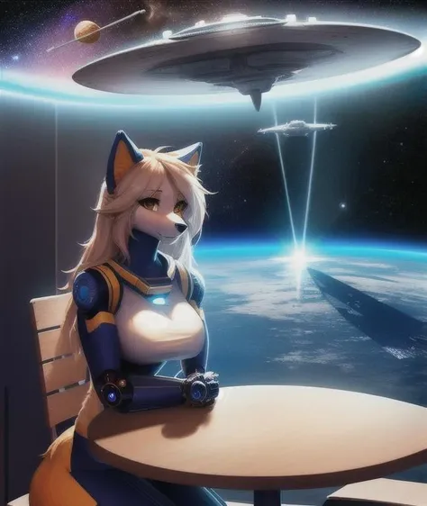 nsfw, (furry:1.4), sitting across a table, looking at viewer, resting on hands, affectionate, leaning forward, (anthro:1.4), robot arm, romantic meal, (space ship:1.2), stars, (light rays:1.1), long hair, (science fiction:1.2), tall, slightly muscular, (female:1.4), (warm light:1.2), high detail, solo