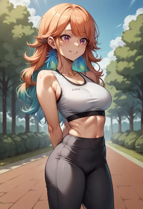 score_9, score_8_up, source_anime, 1girl, solo, TakanashiKiara, colored inner hair, gradient hair, long hair, feather earrings, sports bra, yoga pants, tight pants, sweat, outdoors, park scene, arms behind back, smile, <lora:ChamTakanashiKiaraPonyXL-000009:1>