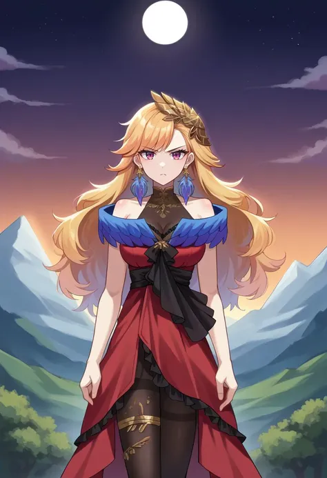 score_9, score_6_up, source_anime BREAK 1girl, solo, eclipse, mountain range, valley, KiaraDress, long hair, gold hair ornament, feather earrings, evening gown, sleeveless, red dress, see-through cleavage, high-low skirt, thighband pantyhose, gold thighlets, blue wings, serious <lora:ChamTakanashiKiaraPonyXL-000009:0.9>