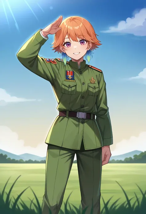 score_9, score_6_up, source_anime BREAK 1girl, solo, TakanashiKiara, short hair, feather earrings, soldier uniform, salute, grass, smile <lora:ChamTakanashiKiaraPonyXL-000009:0.9>