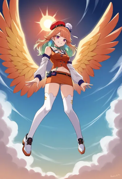 score_9, score_6_up, source_anime BREAK 1girl, solo, sky, clouds, heaven, red sun, full body, flying, phoenix wings, spread legs, KiaraBase, long hair, feather earrings, orange beret, mini chef hat, ribbon choker, orange vest, detached sleeves, white sleeves, midriff, orange microskirt, belt, white thighhighs, light smile <lora:ChamTakanashiKiaraPonyXL-000009:0.9>