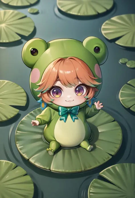 score_9, score_8_up, source_anime, 1girl, solo, Frogiwawa, chibi, frog costume, green bow, smile, pond, on lily pad, <lora:ChamTakanashiKiaraPonyXL-000009:1>