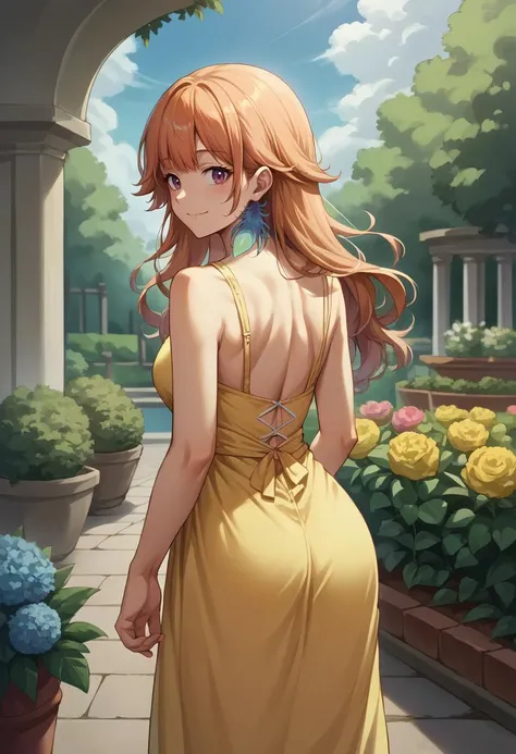 score_9, score_8_up, source_anime, 1girl, solo, TakanashiKiara, long hair, feather earrings, from behind, yellow sundress, garden, day, sunshine, smile, looking back, <lora:ChamTakanashiKiaraPonyXL-000009:1>