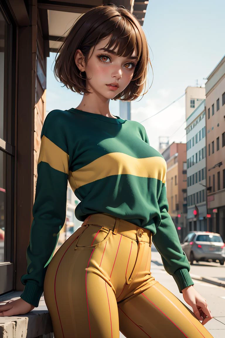 (masterpiece, best quality), 1girl, <lora:chara-10:1> Chara,solo,short hair,brown hair,red eyes,striped,green sweater,blue pants