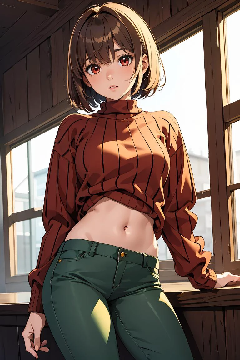 (masterpiece, best quality), 1girl, <lora:chara-10:1> Chara,solo,short hair,brown hair,red eyes,striped,green sweater,blue pants