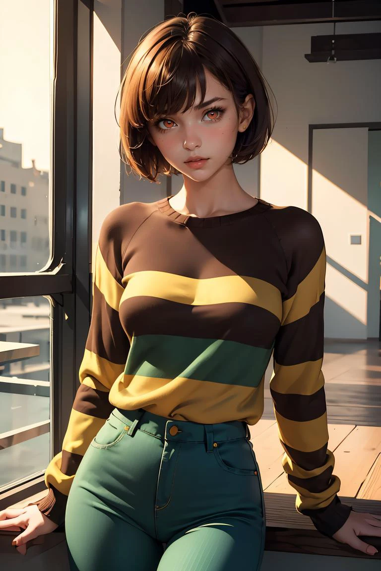 (masterpiece, best quality), 1girl, <lora:chara-10:1> Chara,solo,short hair,brown hair,red eyes,striped,green sweater,blue pants