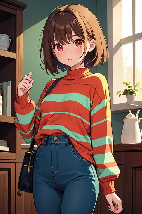 (masterpiece, best quality), 1girl,   <lora:chara-10:1> Chara,solo,short hair,brown hair,red eyes,striped,green sweater,blue pants