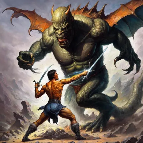<lora:k3nk3lly:0.5> man fights monster with sword