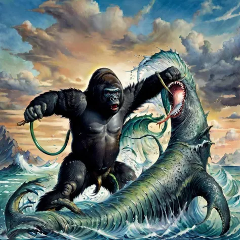 <lora:k3nk3lly:0.75> gorilla fighting sea monster