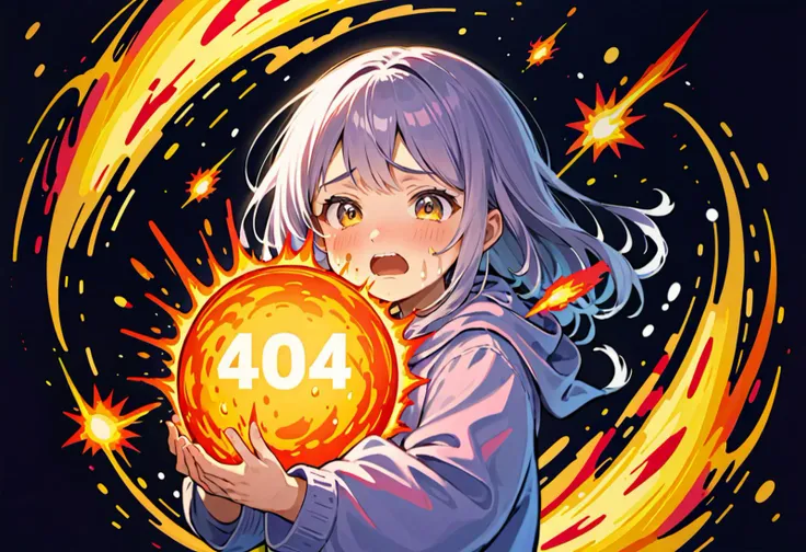 upper body of terriried crying girl hollding burning and exploding planet with big 404 text logo,