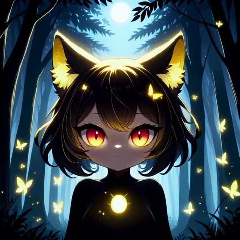 A mysterious cat girl with big, luminous gold and red eyes stands amidst the dense, eerie darkness of a forest. Her feline ears perk up as she locks her captivating gaze onto the viewer. The faint moonlight barely reveals her silhouette, and the forest is filled with curious shadows and glowing fireflies. <lora:Dall-e_3_0.2-000006:1>