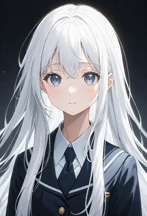 highres, masterpiece, high quality, hyper detail, high quality Anime, super detail, White hair, long hair, Student, Woman, Animated Style, a formal uniform, a short stature, shy face, looking at viewer