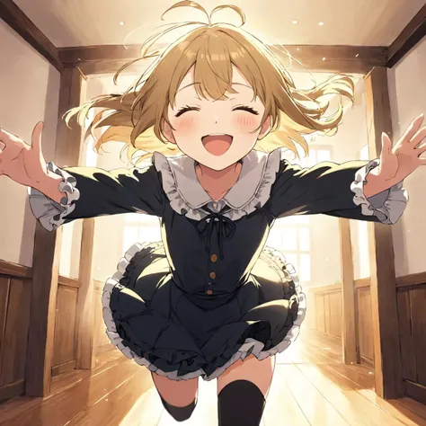 (pov,hands out of frame,:1.2),close-up,1girl, solo, boots,open mouth, closed eyes, indoors, >_<, outstretched arms, smile, running, frilled skirt, :d,