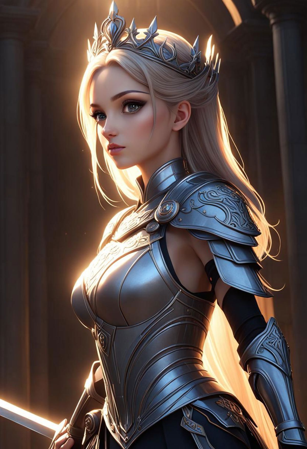 A woman in armor holding a sword in a dark room - SeaArt AI