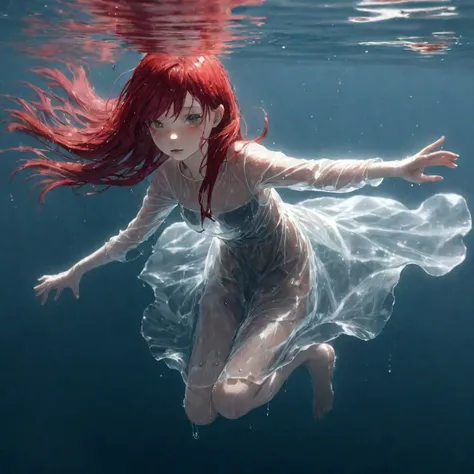A girl with crimson hair and a wet and transparent dress is floating on the surface of the sea
