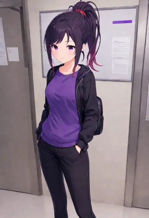 full body,masterpiece, best quality,purple eyes,ponytail,at school
