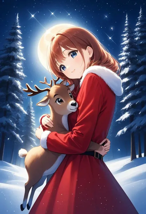 cute girl wearing red Christmas dress is hugging happy reindeer,
(snowy forest, moonlight, Christmas trees), (sparkles, sparkling clothes, sparkling eyes),