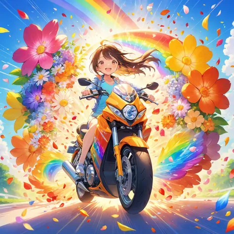 Ultra stylized and detailed character art of a beautiful asian girl on a motorcycle that is painted to look like a flower, pastels, flower petals are exploding out of the motorcycle, extreme rainbow colors, bright lighting, sunbeams, prismatic, beautiful, exciting, happy, ray tracing, best quality, masterpiece, <lora:neg4all_bdsqlsz_xl_V7:.5>