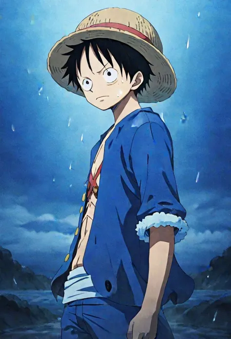 luffy man, Masterpiece, digital painting, cool color palette, blue color palette, rain, sad, 8k resolution, film cell, film grain, medium plane