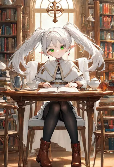 masterpiece, best quality, 4K, 8K, frieren,
1girl, green eyes, setting, chair, table, tea, books, black pantyhose, cross legs, brown boots, white skirt, white caplet, white hair, twintails, (parted bangs:1.3), red earrings, long sleeves, eye level, behind table, extremely detailed,