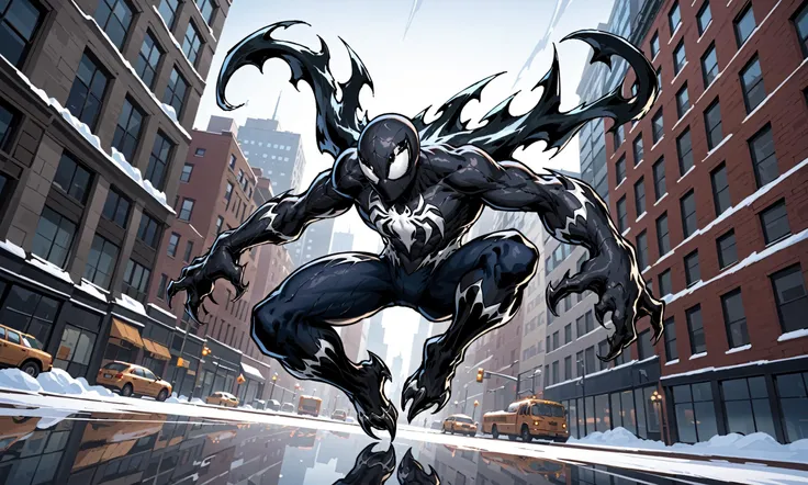 Venom Spider Man,\(series\),extremely detailed CG unity 8k wallpaper,highest quality,ultra-detailed,solo,1boy,in new york City,in winter,flapping,reflection light,dutch angle,<lora:sdxl_8glora-sd-000015:0.6>,two hand