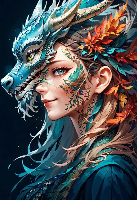 man wearing Chinese dragon mask shows half of her face to the audience and smiles,by Minjae Lee, Carne Griffiths, Emily Kell, Steve McCurry, Geoffroy Thoorens, Aaron Horkey, Jordan Grimmer, Greg Rutkowski, amazing depth,high resolution, ink painting