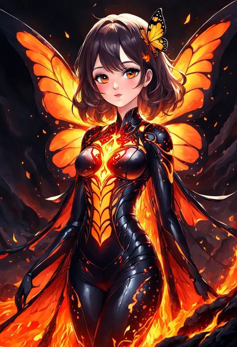 Beautiful woman Butterfly, lava, wings. detail, molten lava, glow, detailed texture