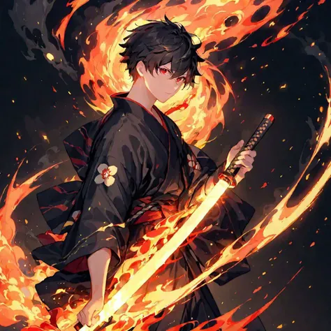 A boy, holding a ((GLOWING WEAPON,GLOWING SWORD)), holding a japanese style katana, short black hair, hair being scattered by the wind, glowing red eyes, engulfed in flames, wearing a japanese style kimono, bright red japanese kimono , night time background, dark black background