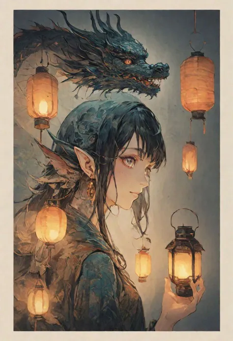 comics, woman, lantern, from side, solo, dragon, anime, eastern dragon, upper body, black hair, earrings, looking at viewer, holding, female, pointy ears, smile, mask,by Minjae Lee, Carne Griffiths, Emily Kell, Steve McCurry, Geoffroy Thoorens, Aaron Horkey, Jordan Grimmer, Greg Rutkowski, amazing depth,high resolution, ink painting