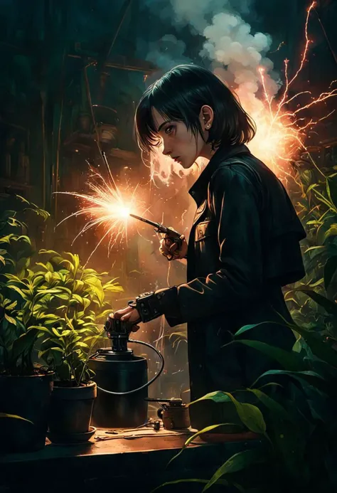 Leon, professional assassin with Mathilda,
high quality, hyper realistic, HD, 8k, Cinematic Scene, dramatic lighting, pot of plant, cool, calm, young, cute, beautiful, Gothic, natural beauty, slim and sexy, cinematic, 4k, epic Steven Spielberg movie still, sharp focus, emitting diodes, smoke, artillery, sparks, racks, system unit, resolution blade runner